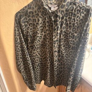 Cute Womens Olive green and black animal print long sleeved blouse